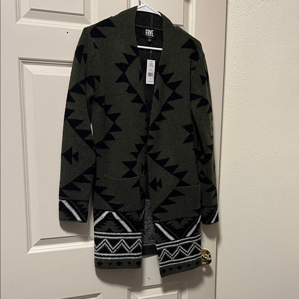 Frye women’s Olive and Black Geometric Cardigan